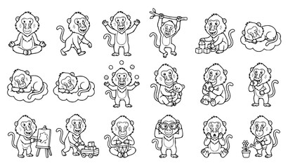 Collection of cute little monkey characters in various poses doodle vector © Madhobe