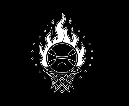 Burning basketball hoop illustration with flaming ball for sports championship logo basketball championship competition abstract isolated background illustration minimalist monochrome