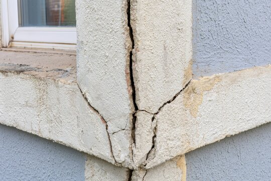 Crack in building corner shows signs of structural damage in residential area during daylight