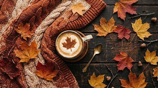 Cozy autumn morning coffee with knitted blanket and fallen leaves on wooden table