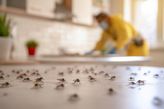 Cleaning a kitchen with many dead flies on the counter during daylight hours in a residential setting