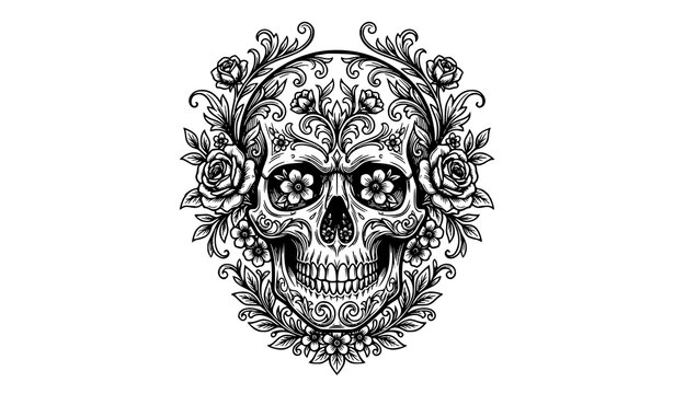 Day of the dead sugar skull with decorative flowers line art vector.