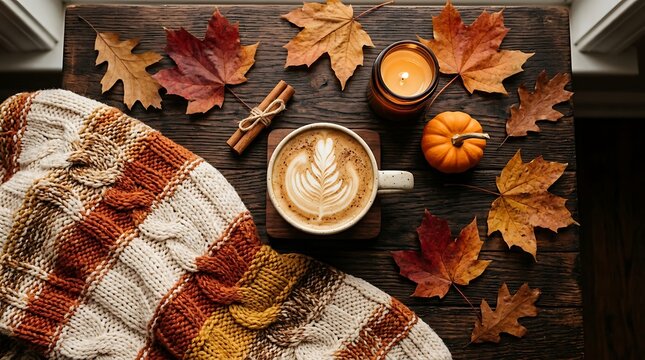 Autumn coffee break with latte and pumpkin pastries on cozy plaid blanket