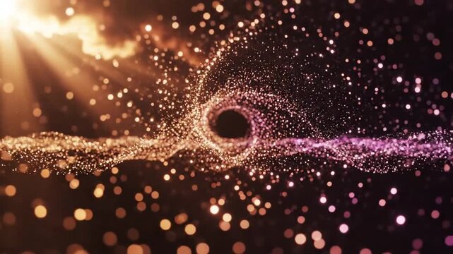 Dynamic flow of glowing golden and pink particles creating an abstract wave-like formation with a dark void in the center and bright bokeh lights in the foreground suggesting a cosmic or digital