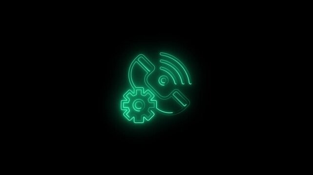 Neon green customer support with gear animation for technical service and communication glowing
