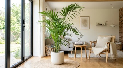 Fototapeta premium Modern Living Room with Green Palm Houseplant and Bright Interior