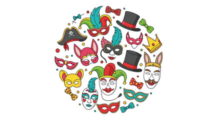 Fototapeta premium Circular arrangement of vibrant carnival and masquerade masks along with festive hats and decorative bows on a white background.