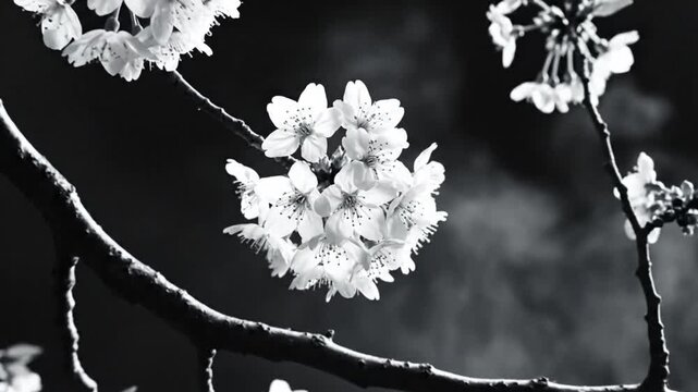 Black and white floral arrangement of Japanese cherry blossom branches swaying in the wind, a calming nature scene