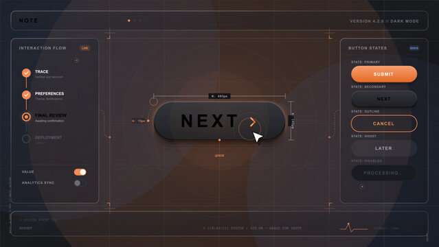 Design of a user interface button with dark mode features shown on a screen during a software development session