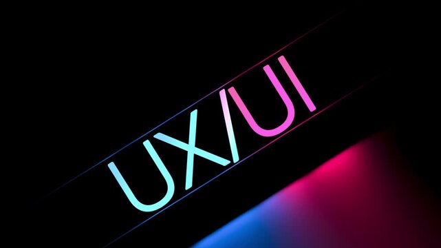 UX UI text, glowing neon word. Development, design, UX UI design, e-commerce, banner, animation. 3D render