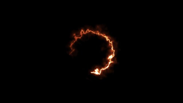 Abstract fiery ring animation with burning orange sparks and glowing energy loop on black background for motion design, 4k video .