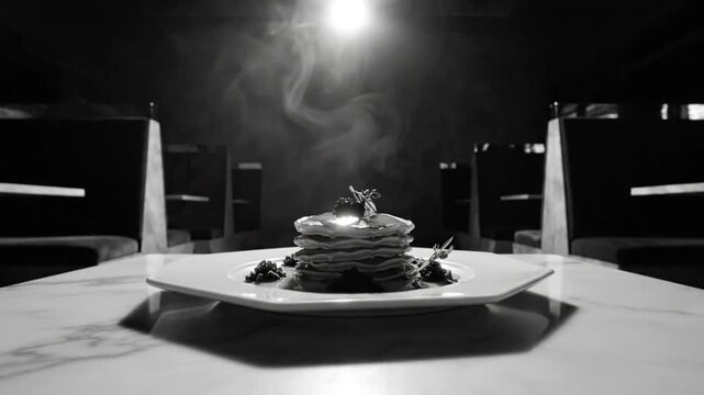 Luxurious stack of pancakes with caviar and fresh herbs served on a marble table in black and white