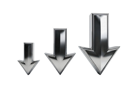 Three silver metallic down arrows of increasing size in a row with metallic pointing direction indicator increasing business analysis
