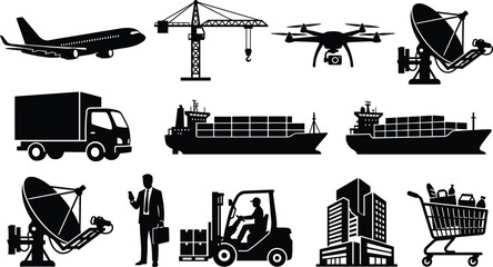 Obraz premium Collection of logistics and transport silhouettes featuring trucks, forklifts, cranes, ships, aircraft, drones, and construction vehicles