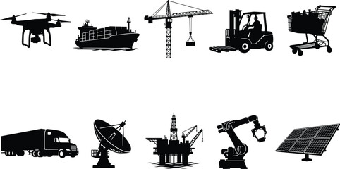 Obraz premium Collection of logistics and transport silhouettes featuring trucks, forklifts, cranes, ships, aircraft, drones, and construction vehicles