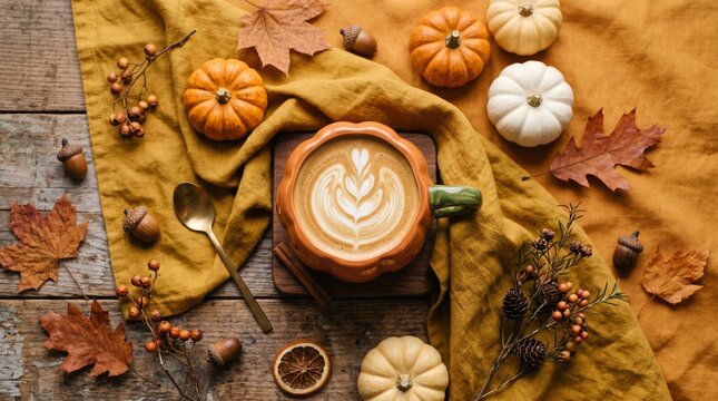 Cozy thanksgiving morning with pumpkin spice latte and autumn leaves