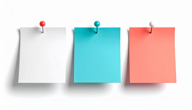 Three blank paper note cards in white, cyan blue, and coral pink colors pinned with pushpins on a white wall background, minimal empty post memo board template mockup for reminders and checklist.