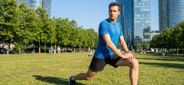 Hombre estirando en el parque despues de correr