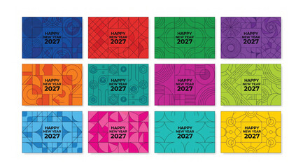 Naklejka premium Set of geometric patterned backgrounds with happy new year 2027 greeting text for festive designs celebration geometric background abstract colorful greeting creative template wallpaper