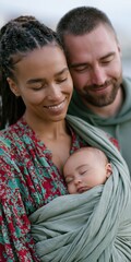 Fototapeta premium Young couple with newborn wrapped in a soft sling holding baby close for intimate family portrait and parenting lifestyle banner