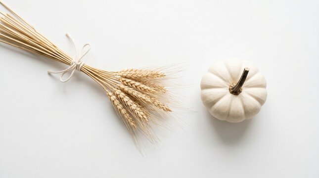 Thanksgiving harvest decor with wheat and white pumpkin