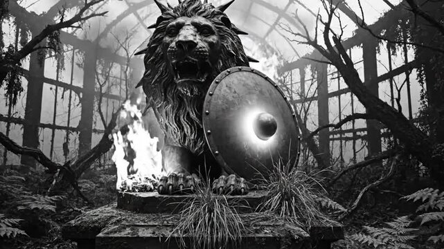 Black and White Lion Statue with Shield in a Grim Decaying Environment with Fire and Foliage