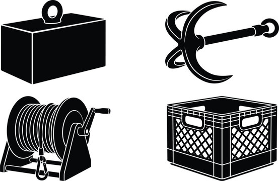 Commercial Marine Fishing and Rigging Equipment Icon Set with Counterweight Grappling Hook Cable Reel and Plastic Storage Crate for Maritime Operations