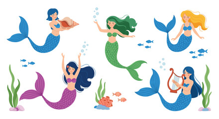 Fototapeta premium Collection of enchanting mermaids with various hair colors and accessories swimming in a detailed and colorful underwater world.