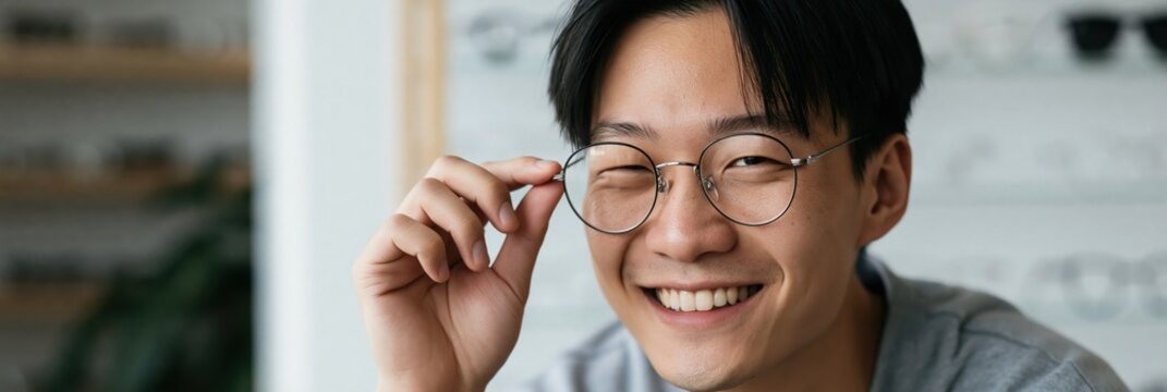 Happy young man modeling round eyeglasses in an optical shop for eyewear product display and profile portrait background for retail and lifestyle use