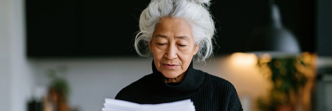 Senior woman reading a stack of documents in a kitchen holding papers for home finance and personal organization background