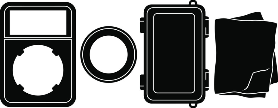 Photography Lens Cleaning Kit Icon Set with Digital Multimeter Filter Ring Waterproof Hard Case and Microfiber Cloth for Camera Maintenance