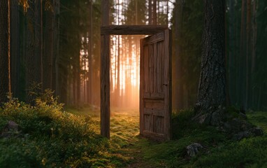 Fototapeta premium Open Wooden Door Standing in Enchanted Forest with Golden Sunrise Light and Magical Pathway to New Beginnings