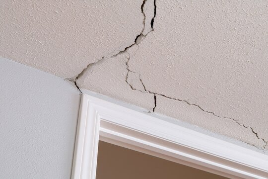 Crack in the ceiling showing signs of damage in an indoor space with drywall