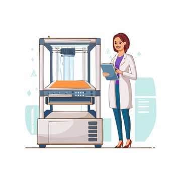 Scientist with 3D printer and tablet