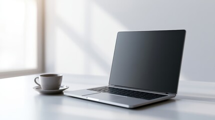 Fototapeta premium modern office workspace, laptop, coffee cup, sunlight, clean productivity setup