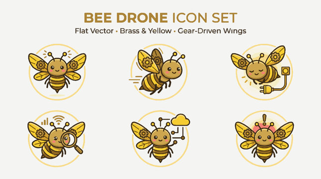 Set of cute robotic bee drone characters with mechanical gear wings.