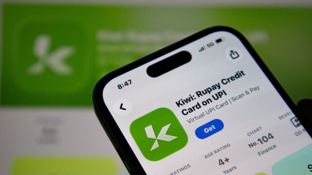 Closeup of a smartphone screen displaying the kiwi rupay credit card on upi app store page