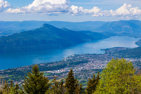 Panoramic view of the Bourget Lake from the Sire alpine pasture