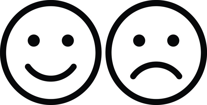 Smiling and frowning face icons, black emoticons, simple vector graphics, emotions, expressions