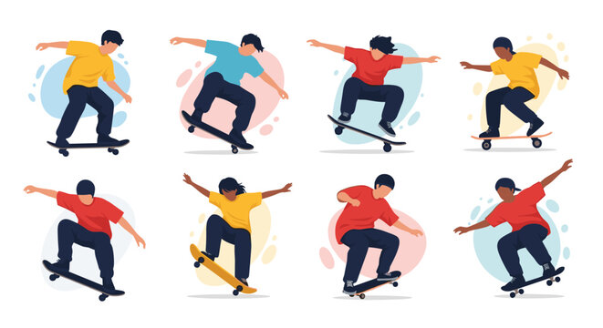 Group of skateboarders in action showing different poses and techniques for riding and jumping on skateboards with style.