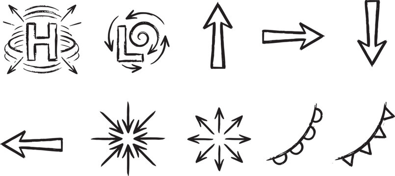Meteorology Diagram Symbols, Sketchy High Low Pressure and Cold Warm Front Vector Set