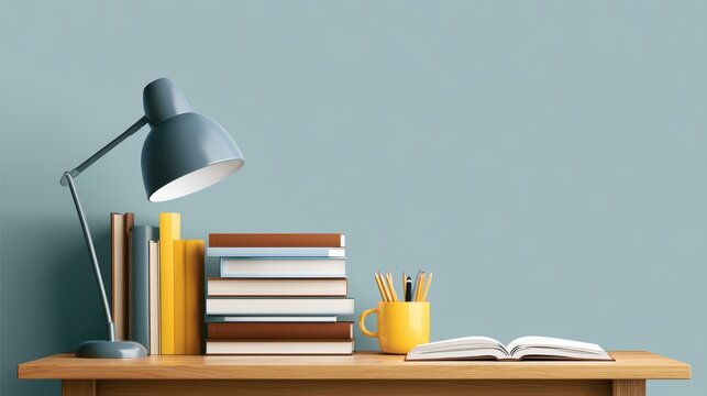 study desk setup, books, lamp, productivity atmosphere