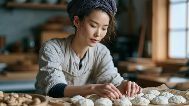 Young female pastry chef in a modest home kitchen arranging handcrafted mochi on kraft paper lining with careful focus conveying artisan skill for food blogging, culinary school