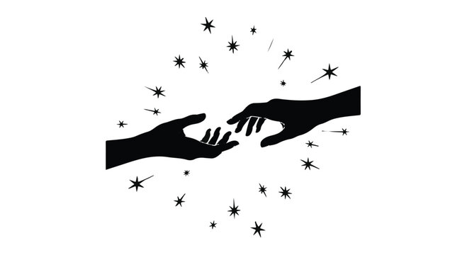 Two silhouetted hands reach towards each other with sparkling stars radiating between.
