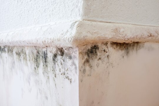 Mold growth on wall corner in a damp room during the afternoon hours