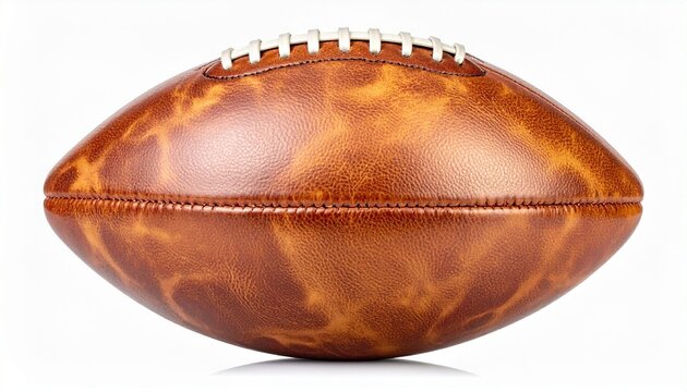 Minimalist brown American football with white laces, textured leather surface, horizontal position, isolated on clean white background.