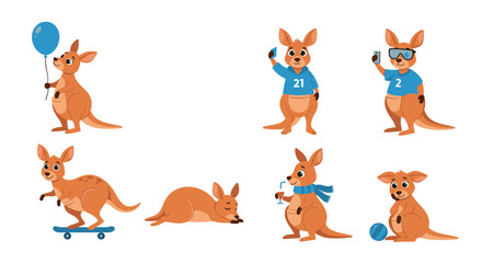 Fototapeta premium Funny kangaroos characters set engaged in various human activities like skateboarding, taking selfies, and playing sports.