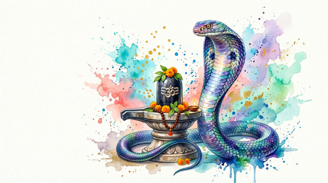 Colorful cobra beside sacred Shivling in watercolor style for Nag Panchami festival branding design