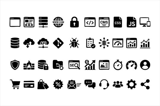 Website development and programming solid vector icons set with development programming software database