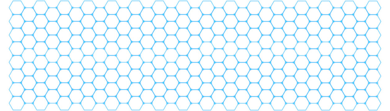 Blue neon glowing hexagon honeycomb grid seamless pattern on transparent background for futuristic technology network connection science wallpaper web design and digital overlay backdrop